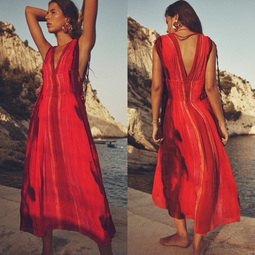 🌼ZARA🌼 NWT Red Chiffon Tie Dye Maxi Dress Cover Up, Size M